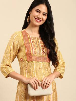 women's calf length round neck mustard tribal straight kurta 1