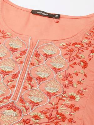 women's calf length round neck coral solid a-line kurta 3