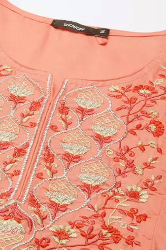 women's calf length round neck coral solid a-line kurta
