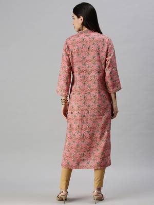 women's calf length mandarin collar pink ethnic motifs straight kurta 3