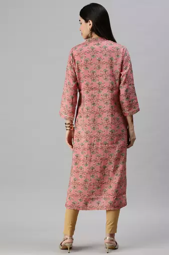 women's calf length mandarin collar pink ethnic motifs straight kurta