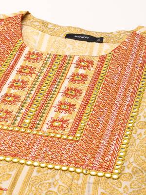 women's calf length round neck mustard tribal straight kurta 2