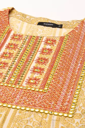 women's calf length round neck mustard tribal straight kurta