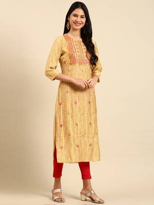 women's calf length round neck mustard tribal straight kurta 3