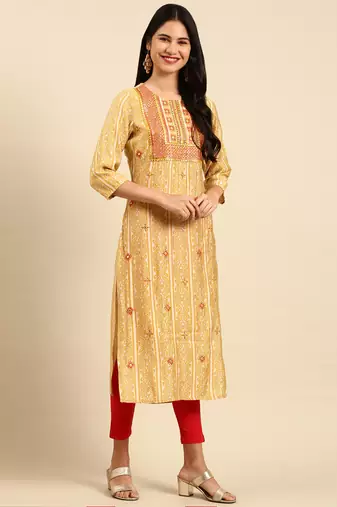 women's calf length round neck mustard tribal straight kurta