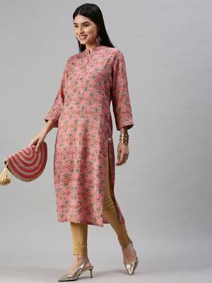 women's calf length mandarin collar pink ethnic motifs straight kurta 4