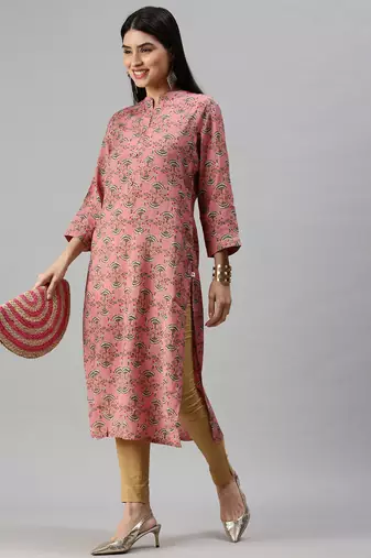 women's calf length mandarin collar pink ethnic motifs straight kurta