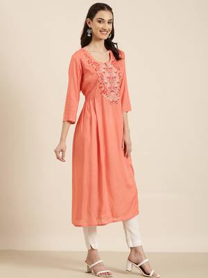women's calf length round neck coral solid a-line kurta 4
