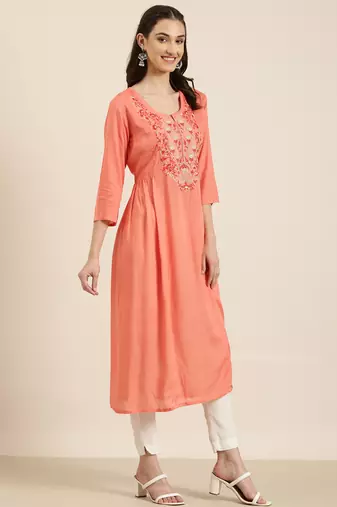women's calf length round neck coral solid a-line kurta