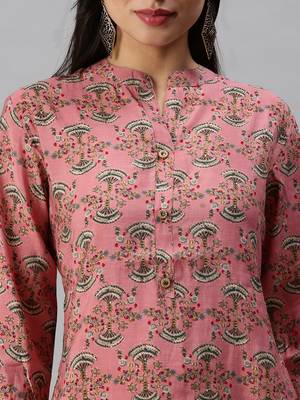 women's calf length mandarin collar pink ethnic motifs straight kurta 5