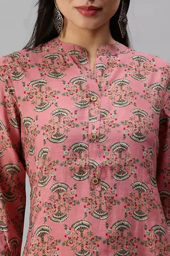 women's calf length mandarin collar pink ethnic motifs straight kurta