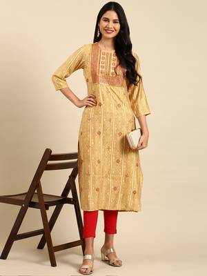 women's calf length round neck mustard tribal straight kurta 5