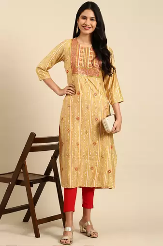 women's calf length round neck mustard tribal straight kurta