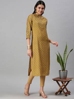 women's calf length mandarin collar mustard floral straight kurta 1
