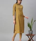 women's calf length mandarin collar mustard floral straight kurta