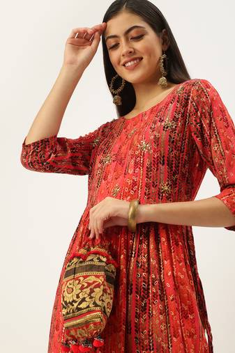 women's ankle length round neck pink embellished a-line kurta