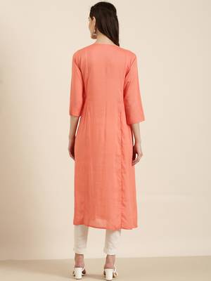 women's calf length round neck coral solid a-line kurta 5