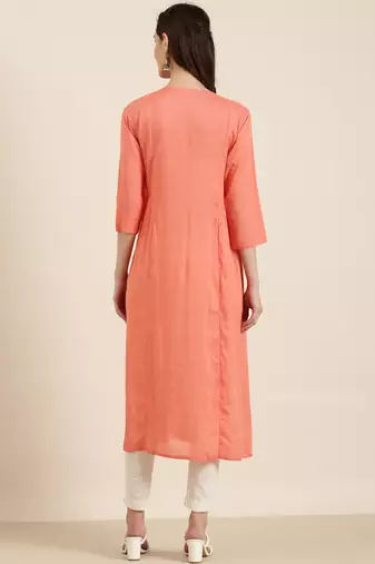 women's calf length round neck coral solid a-line kurta