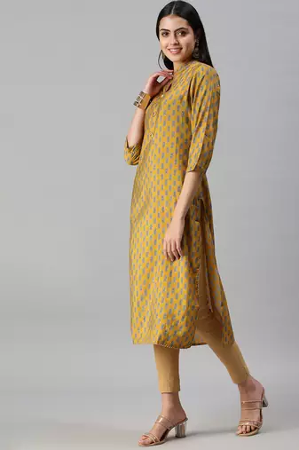 women's calf length mandarin collar mustard floral straight kurta