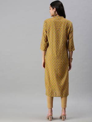 women's calf length mandarin collar mustard floral straight kurta 3