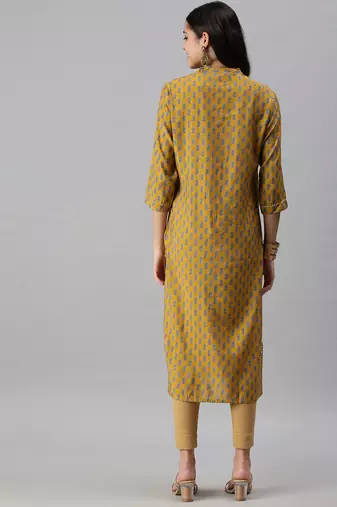 women's calf length mandarin collar mustard floral straight kurta