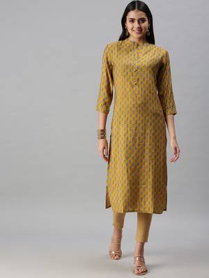 women's calf length mandarin collar mustard floral straight kurta 4