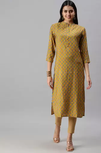 women's calf length mandarin collar mustard floral straight kurta
