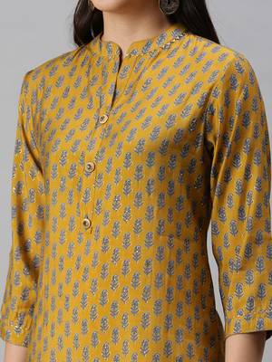 women's calf length mandarin collar mustard floral straight kurta 5