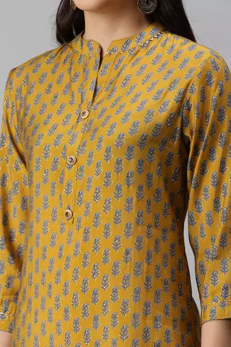 women's calf length mandarin collar mustard floral straight kurta