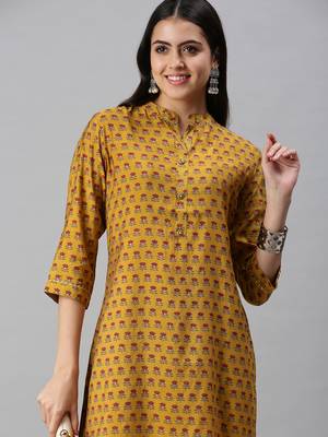 women's calf length mandarin collar mustard floral straight kurta 1