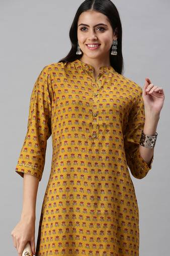 women's calf length mandarin collar mustard floral straight kurta