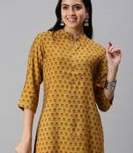 women's calf length mandarin collar mustard floral straight kurta