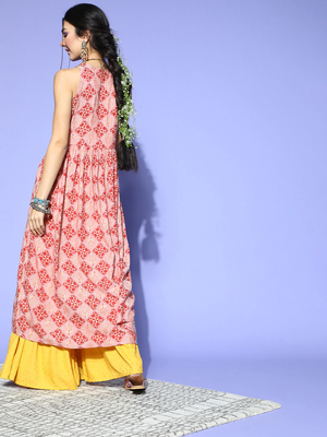 women pink cotton geometric printed a-line kurta 4