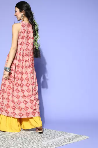 women pink cotton geometric printed a-line kurta