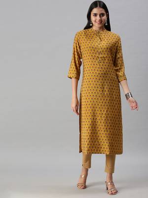 women's calf length mandarin collar mustard floral straight kurta 2
