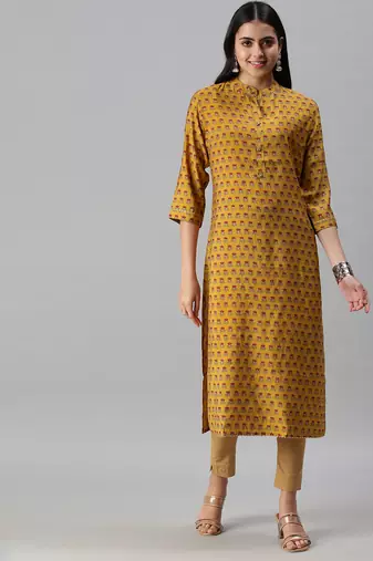 women's calf length mandarin collar mustard floral straight kurta