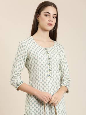 Showoff women's calf length round neck off white paisley straight kurta 1
