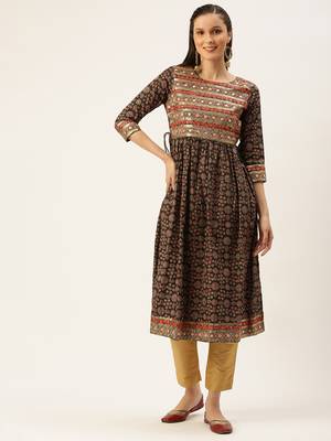 women's calf length round neck green embellished a-line kurta 2
