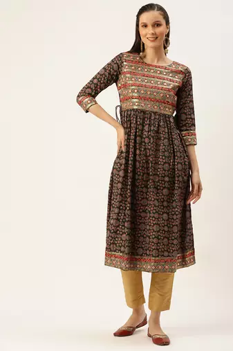 women's calf length round neck green embellished a-line kurta