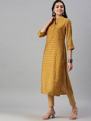 women's calf length mandarin collar mustard floral straight kurta 3