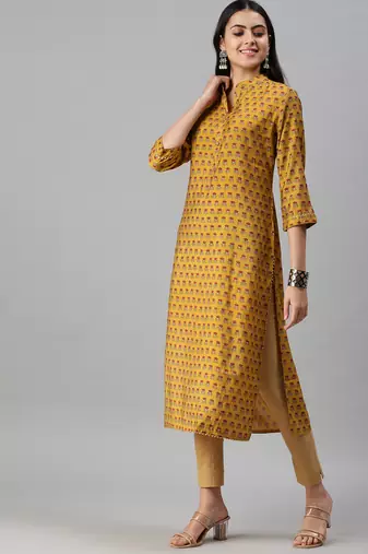 women's calf length mandarin collar mustard floral straight kurta