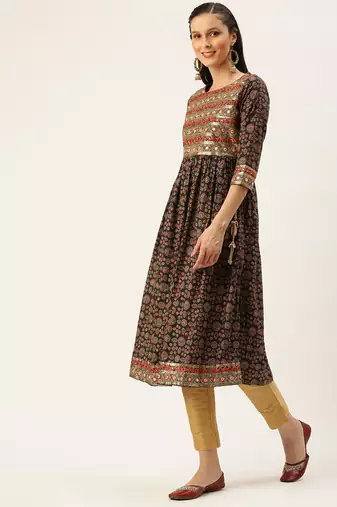women's calf length round neck green embellished a-line kurta