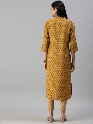 women's calf length mandarin collar mustard floral straight kurta 4