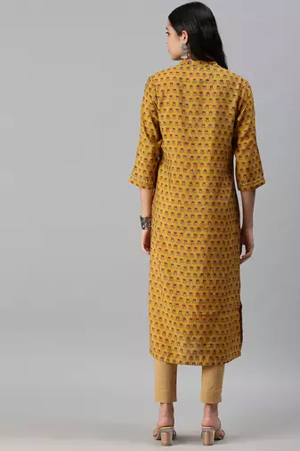 women's calf length mandarin collar mustard floral straight kurta