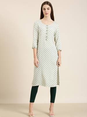 Showoff women's calf length round neck off white paisley straight kurta 2
