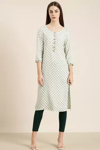 Showoff women's calf length round neck off white paisley straight kurta