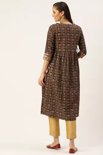 women's calf length round neck green embellished a-line kurta