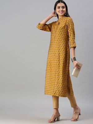 women's calf length mandarin collar mustard floral straight kurta 5