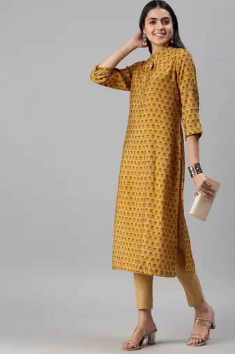 women's calf length mandarin collar mustard floral straight kurta