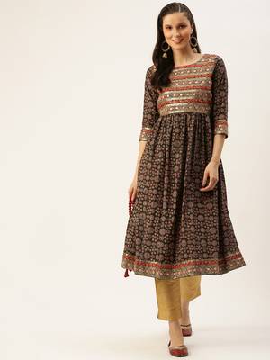 women's calf length round neck green embellished a-line kurta 5
